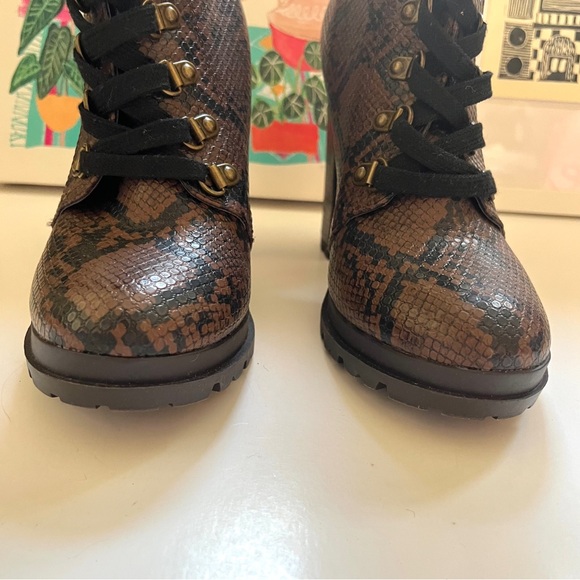 Just Fab • brown & black snakeskin print lace up 4” heel ankle boots - Picture 7 of 15